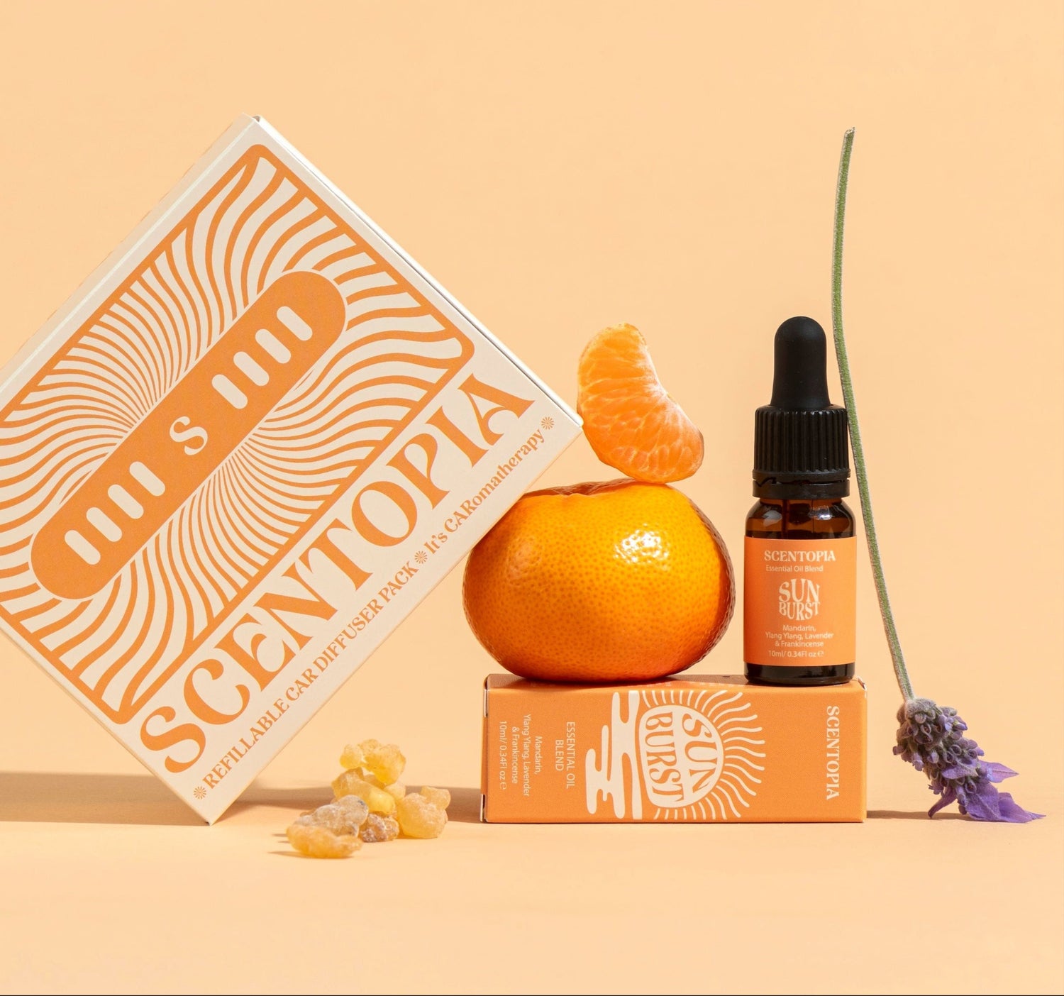 Scentopia car diffuser car fragrance pack with Sunburst essential oil lavender and mandarin blend