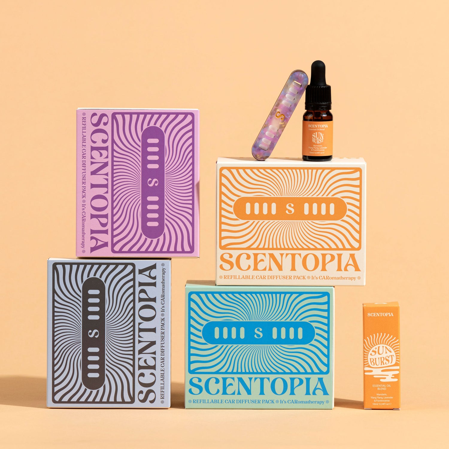 Scentopia car diffuser packaging display with car diffuser and Sunburst essential oil