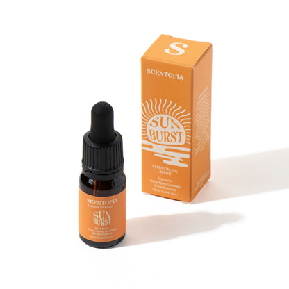 Scentopia Sunburst essential oil blend bottle and box on white background