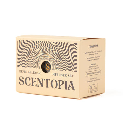 A beige cardboard box for a Scentopia refillable car diffuser set, featuring a black wavy pattern and product text, photographed on a clean white background.