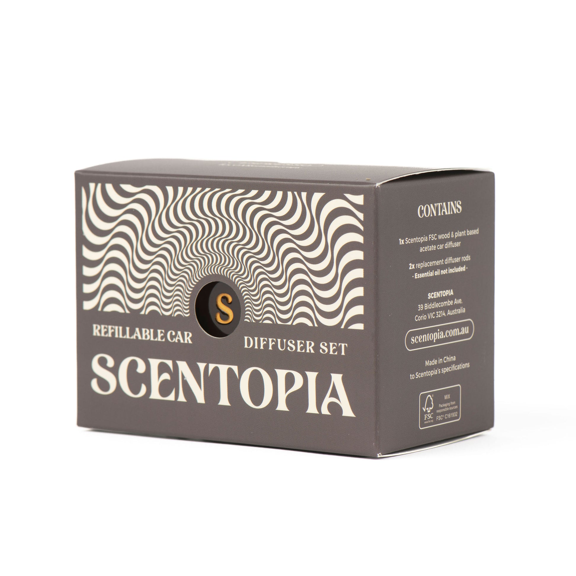 A box for a Scentopia refillable car diffuser set, featuring a dark brown and beige design with wavy optical illusion patterns and the Scentopia brand name.