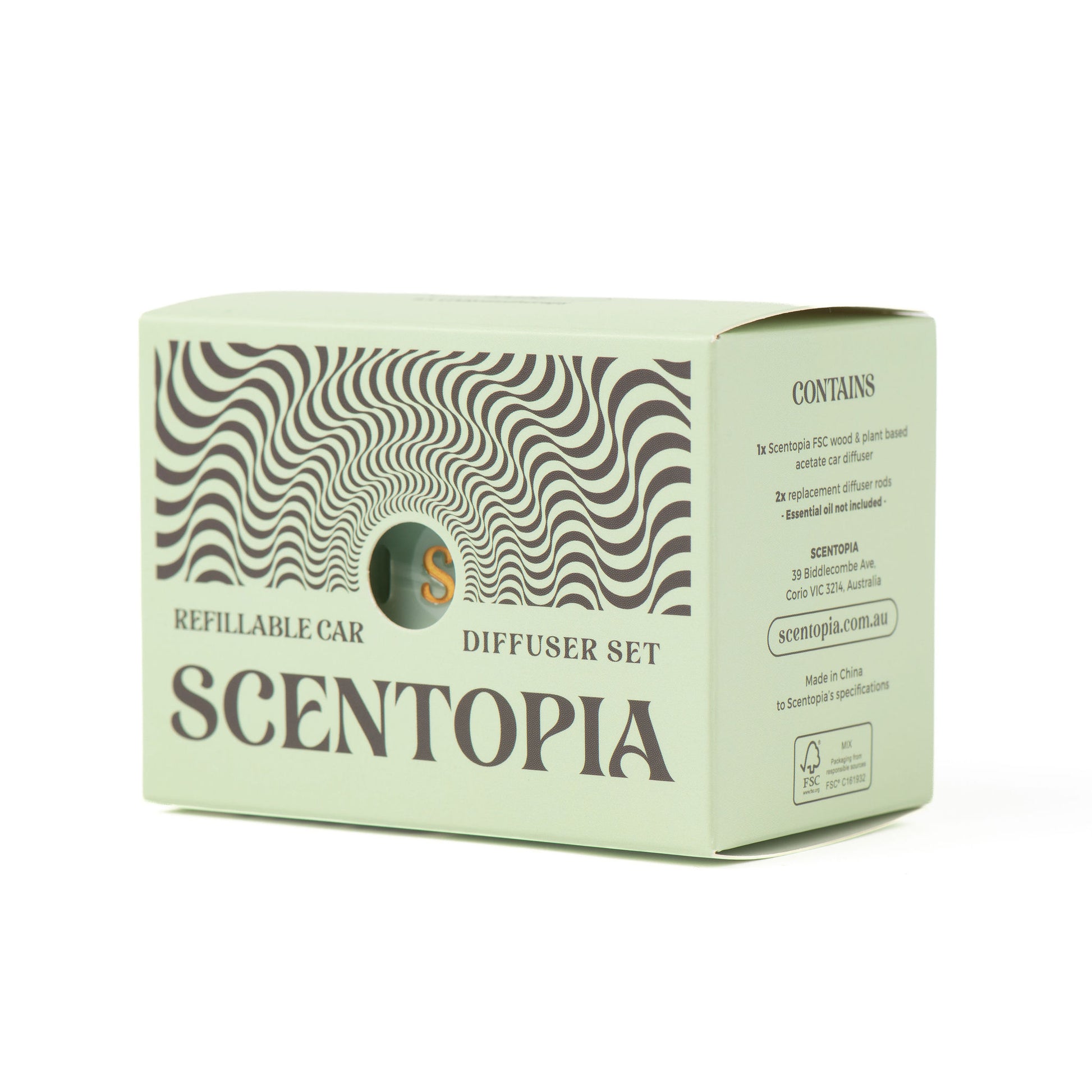 A light jade green box for a Scentopia refillable car diffuser set, featuring a wavy pattern on the front and product details printed on the side, set against a plain white background.