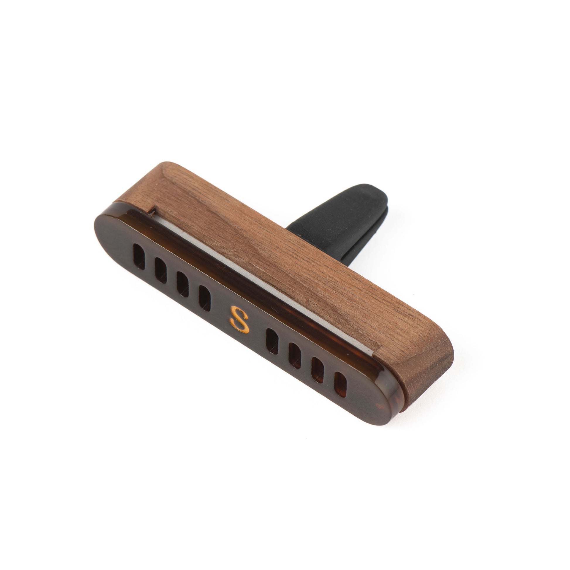 A Scentopia  espresso coloured walnut wood and acetate car diffuser, shown on a plain white background.