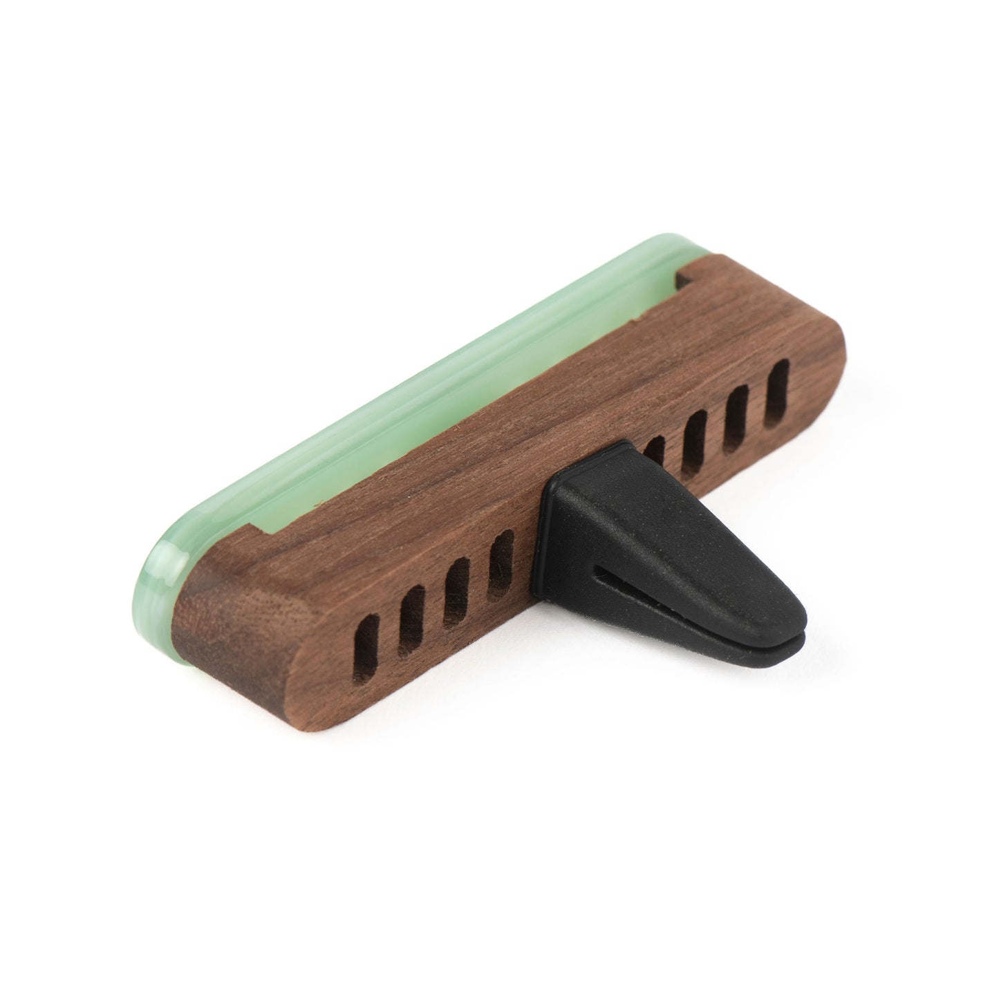 A Scentopia car diffuser featuring a walnut wood body, a translucent light green lid, and a black silicon clip, shown on a solid white background.