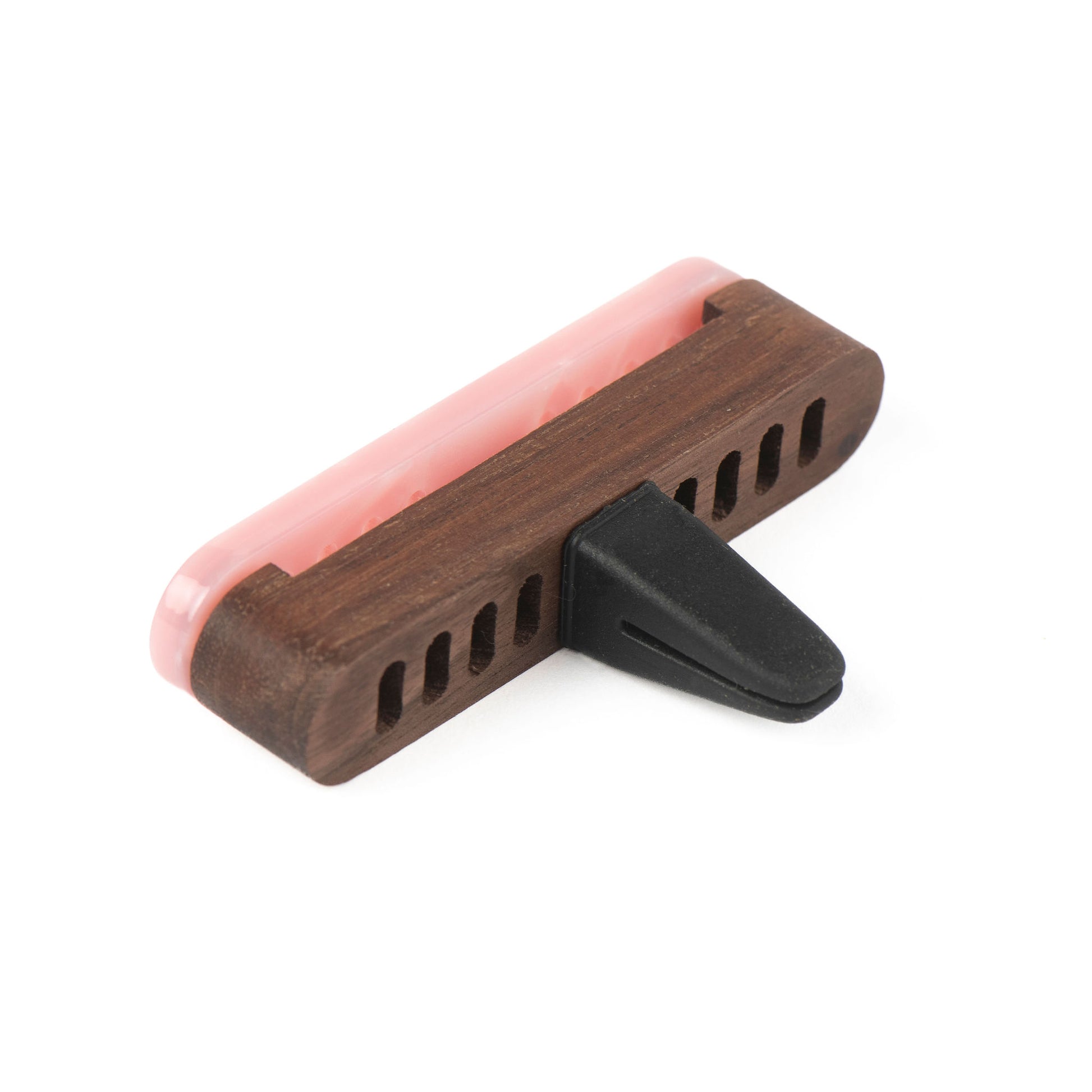 Scentopia petal pink acetate car diffuser cover with a gold 'S' logo and a dark brown walnut wood case, shown on a plain white background.