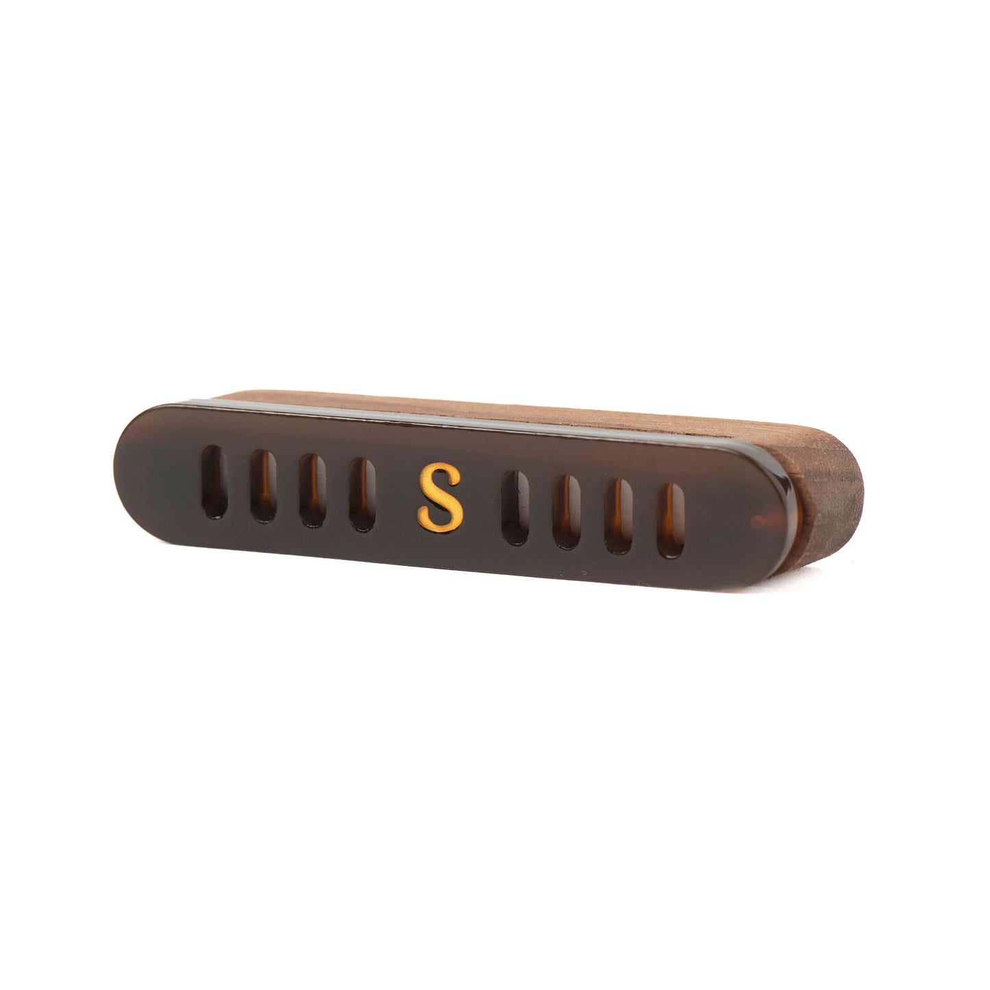 A walnut wooden Scentopia car diffuser  with a glossy finish and a gold letter 'S' in the center, shown on a plain white background.