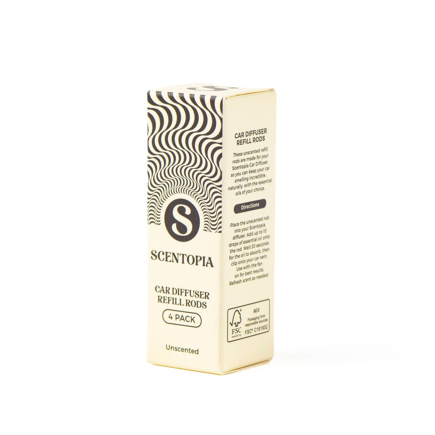 A tall rectangular box of Scentopia Car Diffuser Refill Roses (6-pack) in 'Unscented' scent, featuring a cream-colored design with black wavy patterns and text, photographed on a white background.