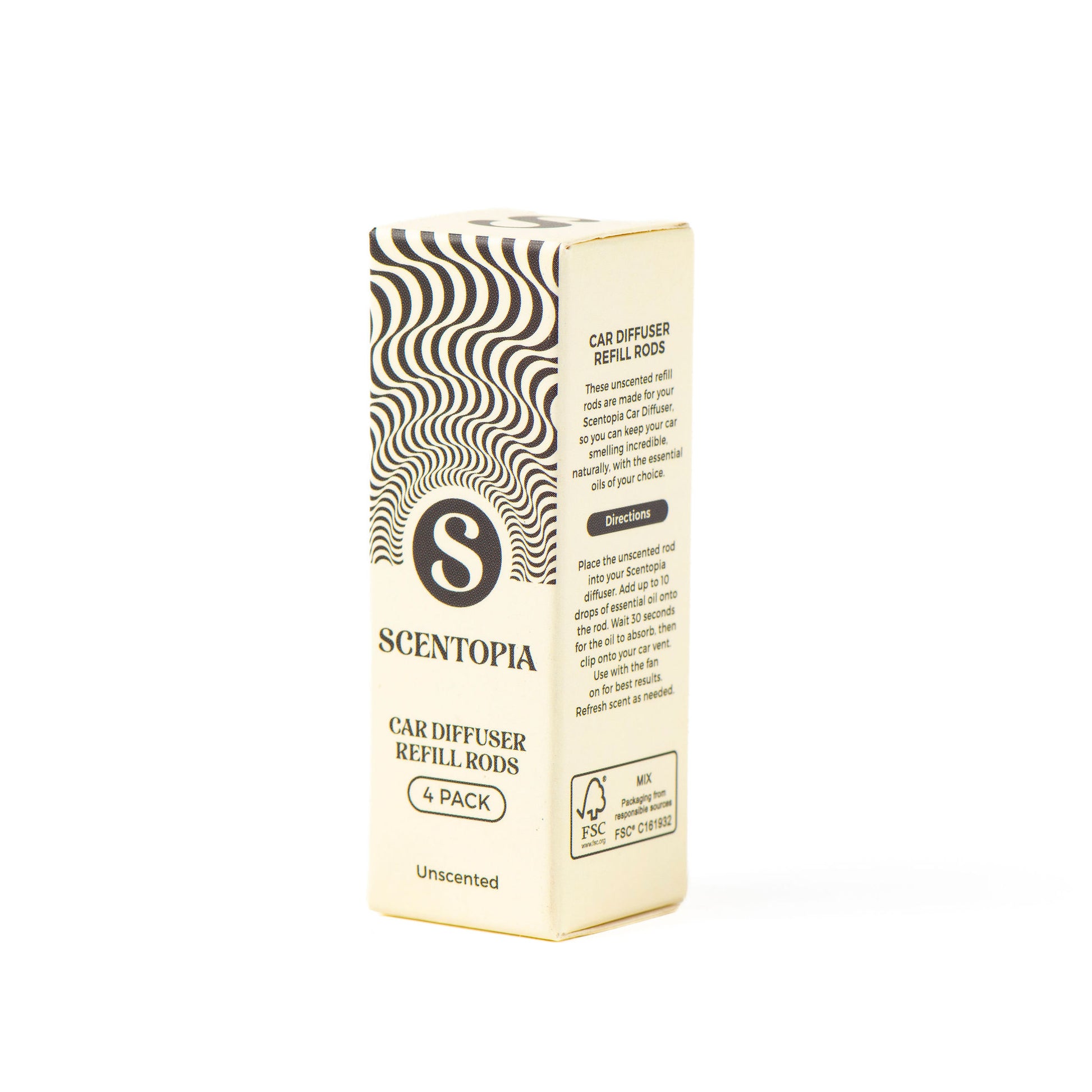 A tall rectangular box of Scentopia Car Diffuser Refill Roses (6-pack) in 'Unscented' scent, featuring a cream-colored design with black wavy patterns and text, photographed on a white background.