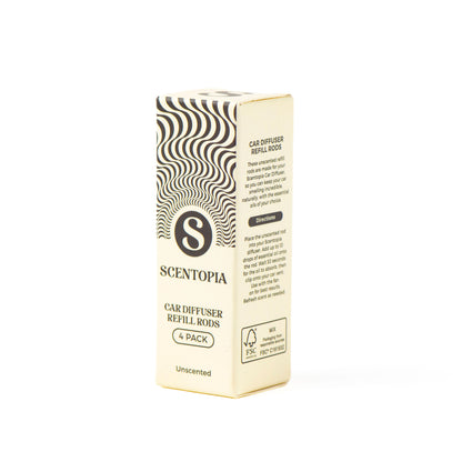 A tall rectangular box of Scentopia Car Diffuser Refill Roses (6-pack) in 'Unscented' scent, featuring a cream-colored design with black wavy patterns and text, photographed on a white background.