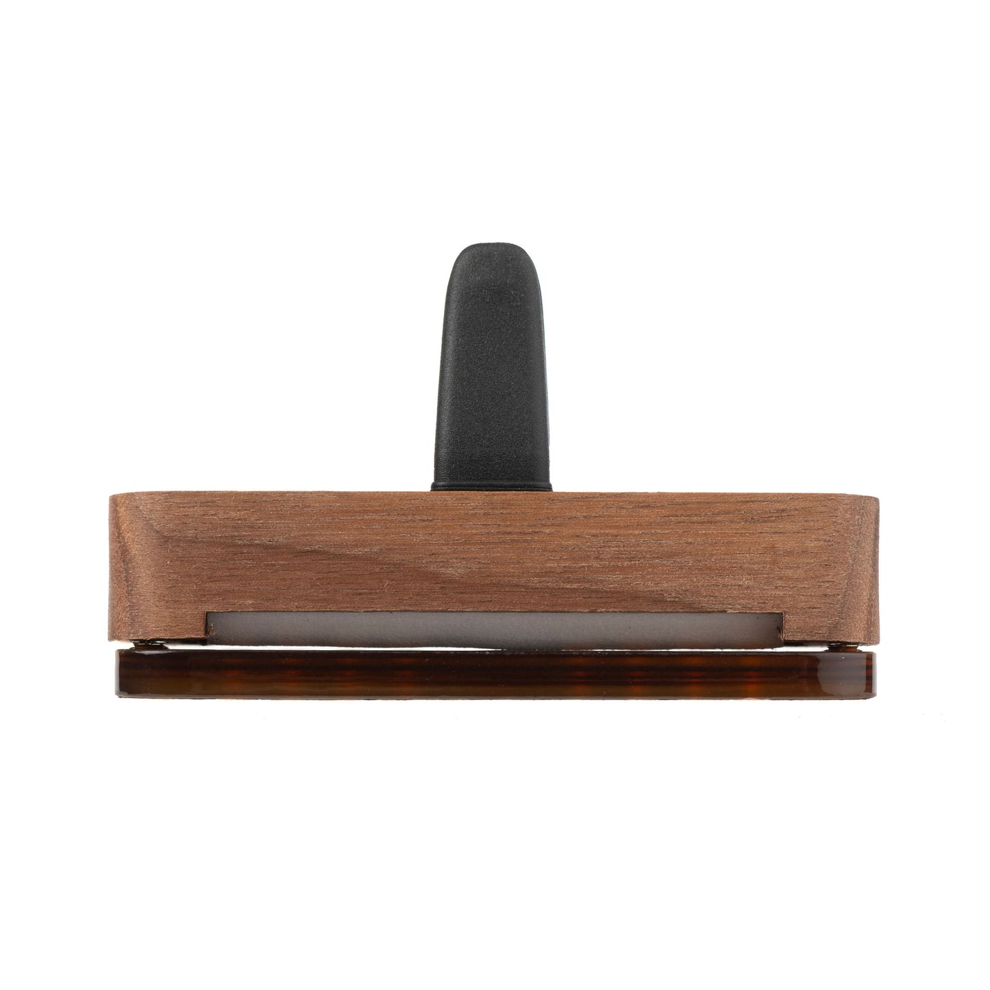Top view of  a Scentopia  espresso coloured walnut wood and acetate car diffuser, shown on a plain white background.