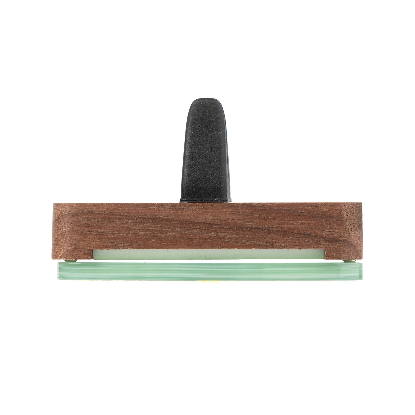 A light jade green car diffuser with a walnut wood case , shown on a plain white background.