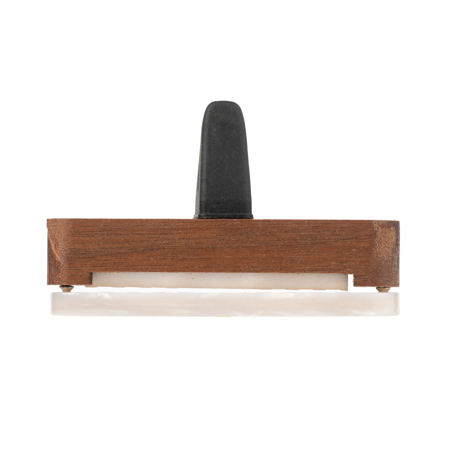 A wooden car diffuser with a dark gray silicon clip, a walnut wood case, and a white acetate lid, shown against a plain white background.