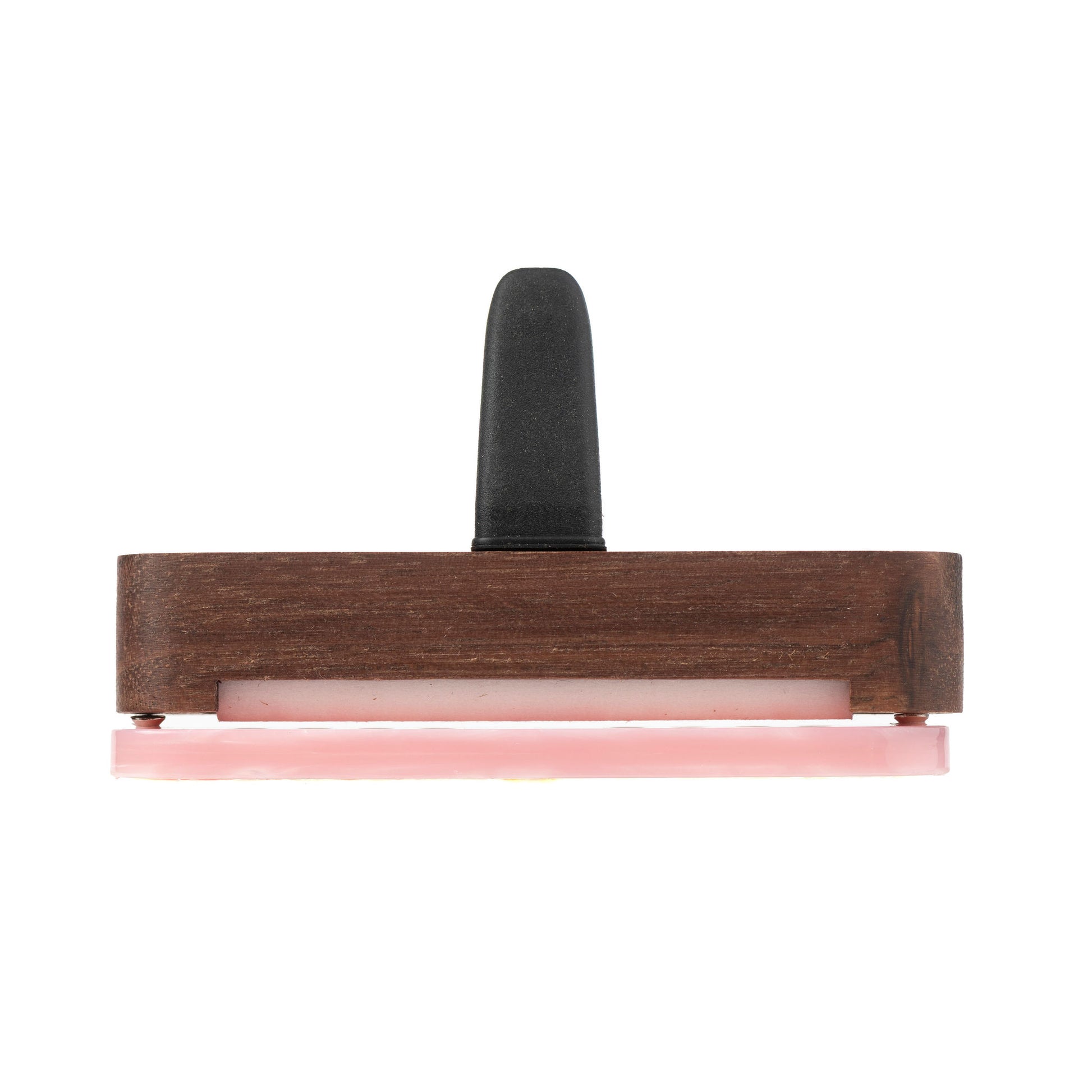 Top view of Scentopia petal pink acetate car diffuser cover with a gold 'S' logo and a dark brown walnut wood case, shown on a plain white background.