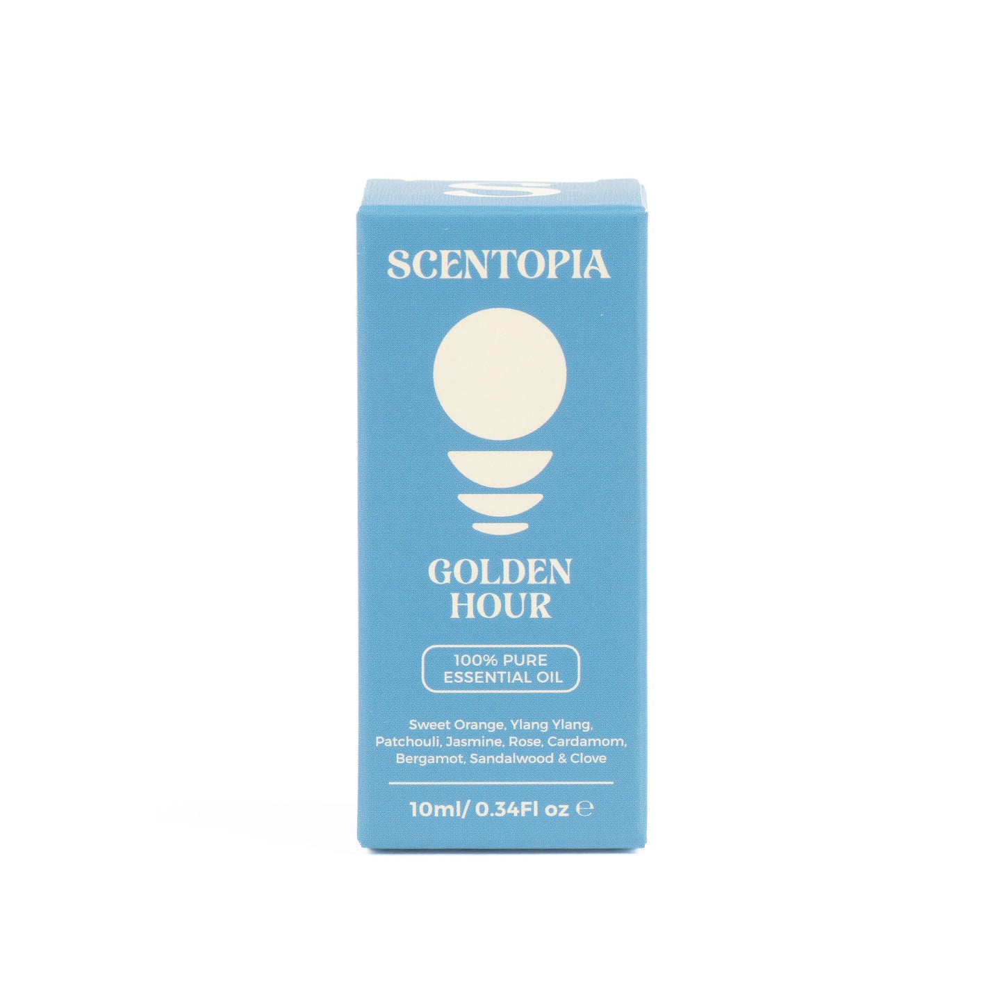 A 10ml box of Scentopia Golden Hour essential oil, featuring a light blue packaging box with cream-colored text and graphics on a white background.