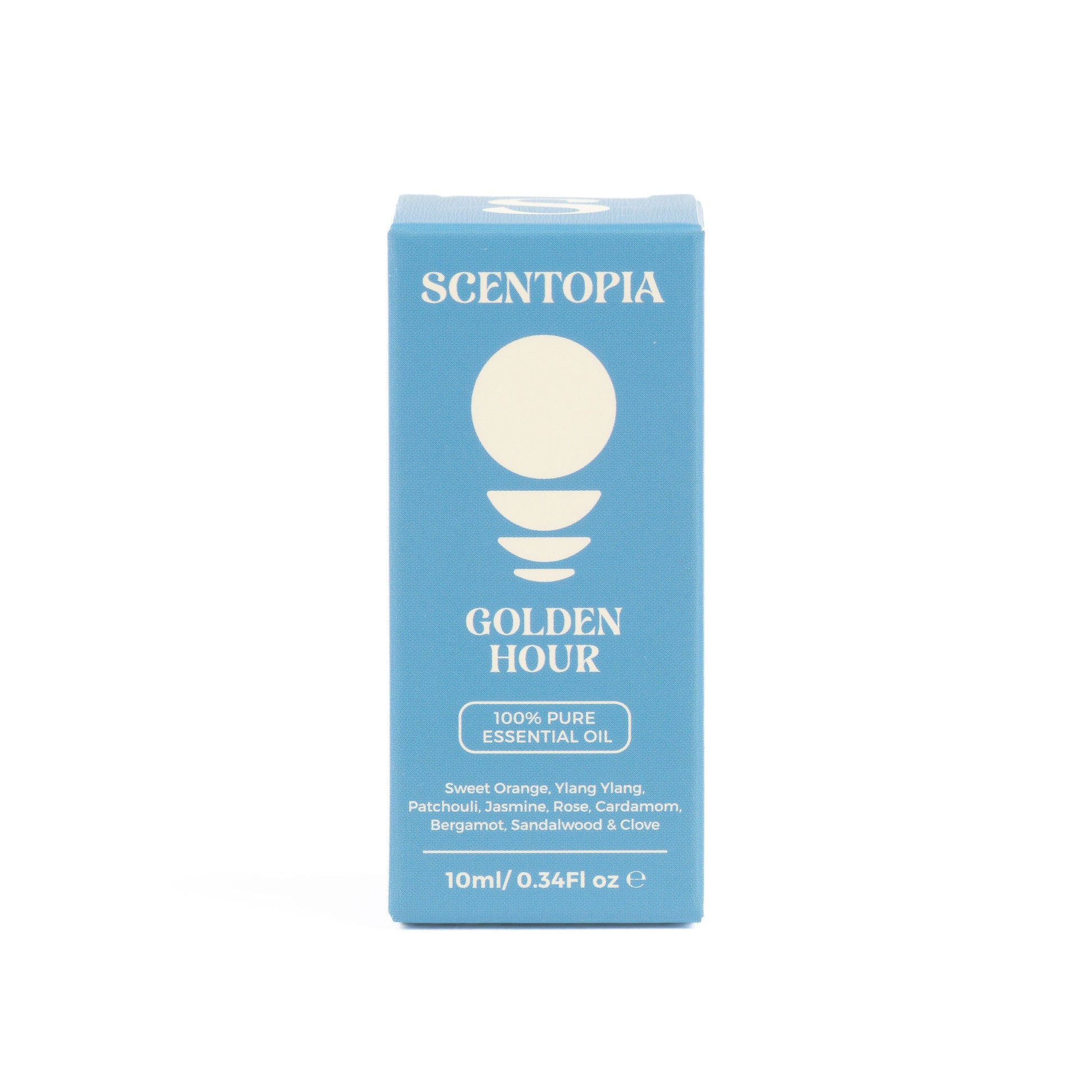 A 10ml box of Scentopia Golden Hour essential oil, featuring a light blue packaging box with cream-colored text and graphics on a white background.