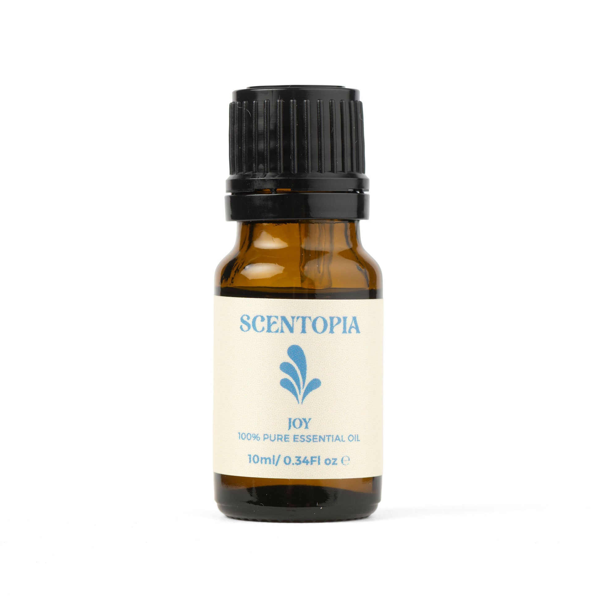 Scentopia Joy essential oil in an amber bottle on a white background