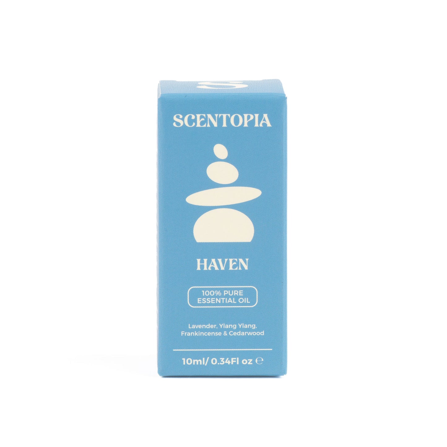 A 10ml box of Scentopia Haven essential oil, featuring a light blue packaging design with a stacked stone logo and white text.