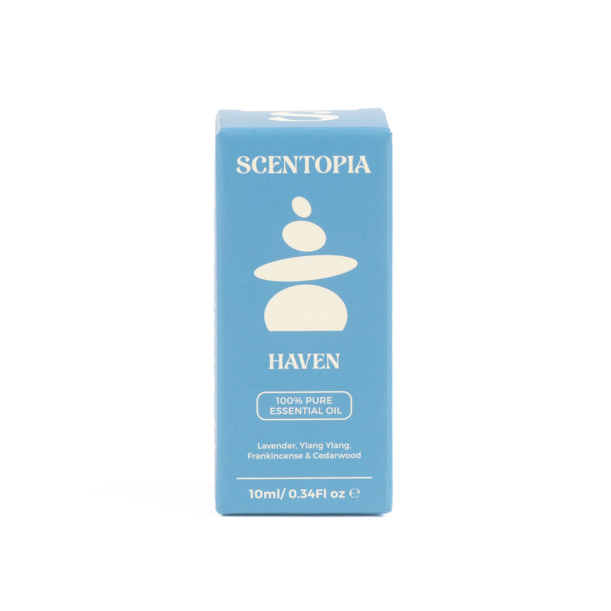 A 10ml box of Scentopia Haven essential oil, featuring a light blue packaging design with a stacked stone logo and white text.