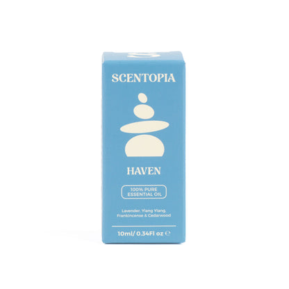 A 10ml box of Scentopia Haven essential oil, featuring a light blue packaging design with a stacked stone logo and white text.