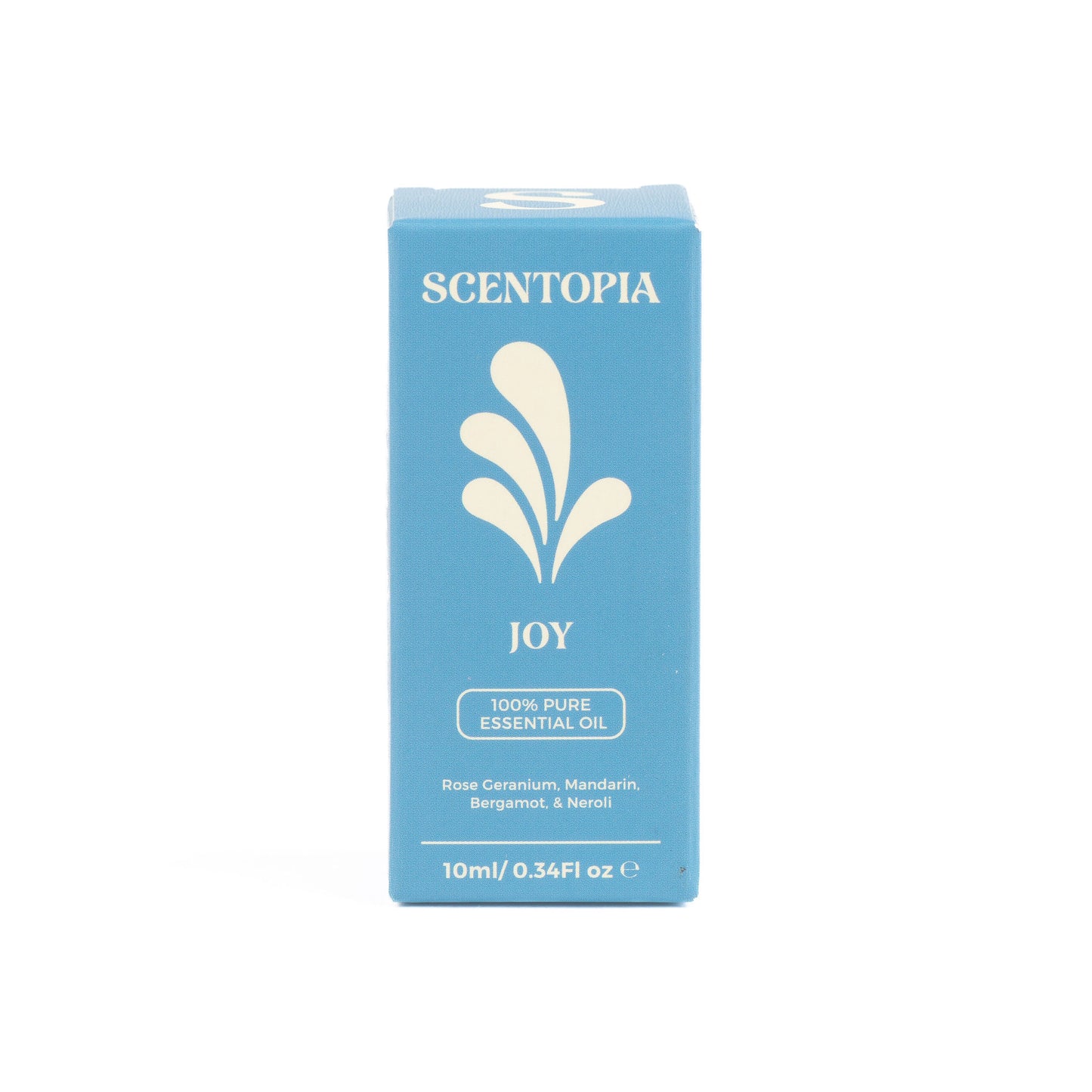 A blue rectangular box of Scentopia Joy essential oil, featuring a white leaf logo and text, set against a plain white background.