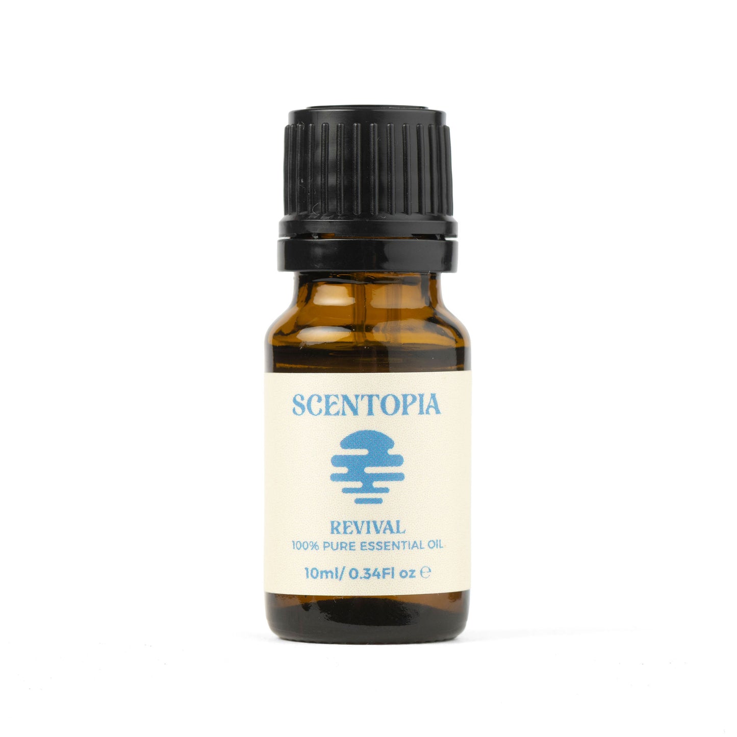 A 10ml amber glass bottle of Scentopia Revival essential oil with a black ribbed cap and a cream-colored label featuring blue text and logo, set against a plain white background.