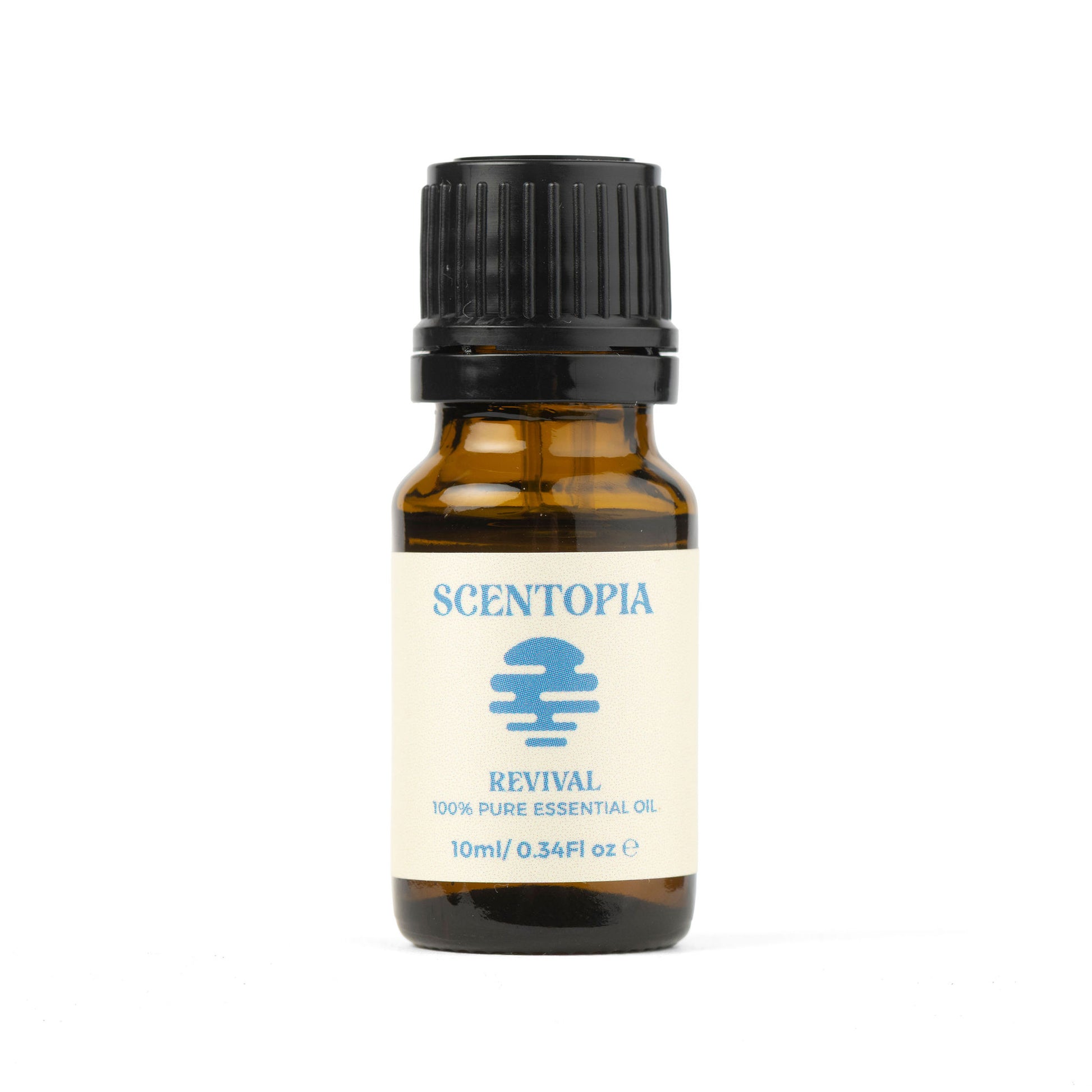 A 10ml amber glass bottle of Scentopia Revival essential oil with a black ribbed cap and a cream-colored label featuring blue text and logo, set against a plain white background.