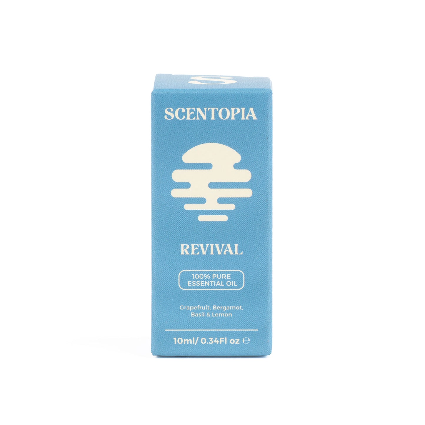 A light blue rectangular box of Scentopia Revival 100% pure essential oil, featuring a cream-colored dripping droplet logo and text, set against a plain white background.
