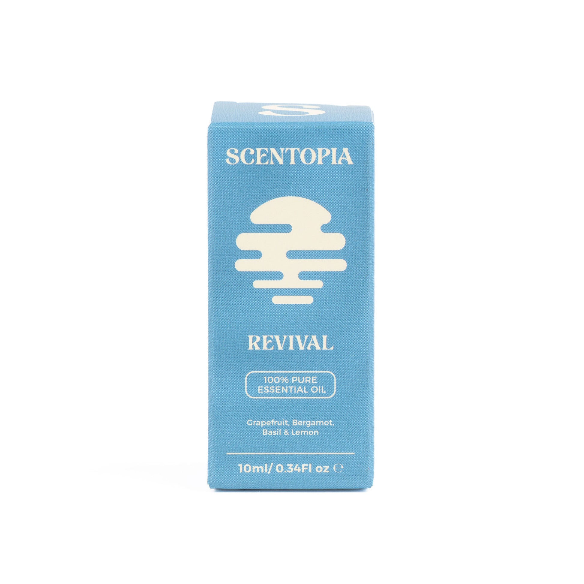 A light blue rectangular box of Scentopia Revival 100% pure essential oil, featuring a cream-colored dripping droplet logo and text, set against a plain white background.
