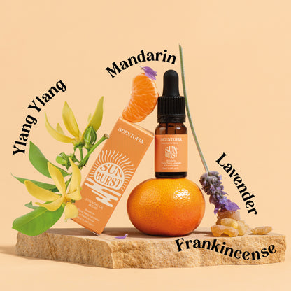 Still life Scentopia Sunburst essential oil  bottle with manadrin, lavender frankincense on orange background anotated