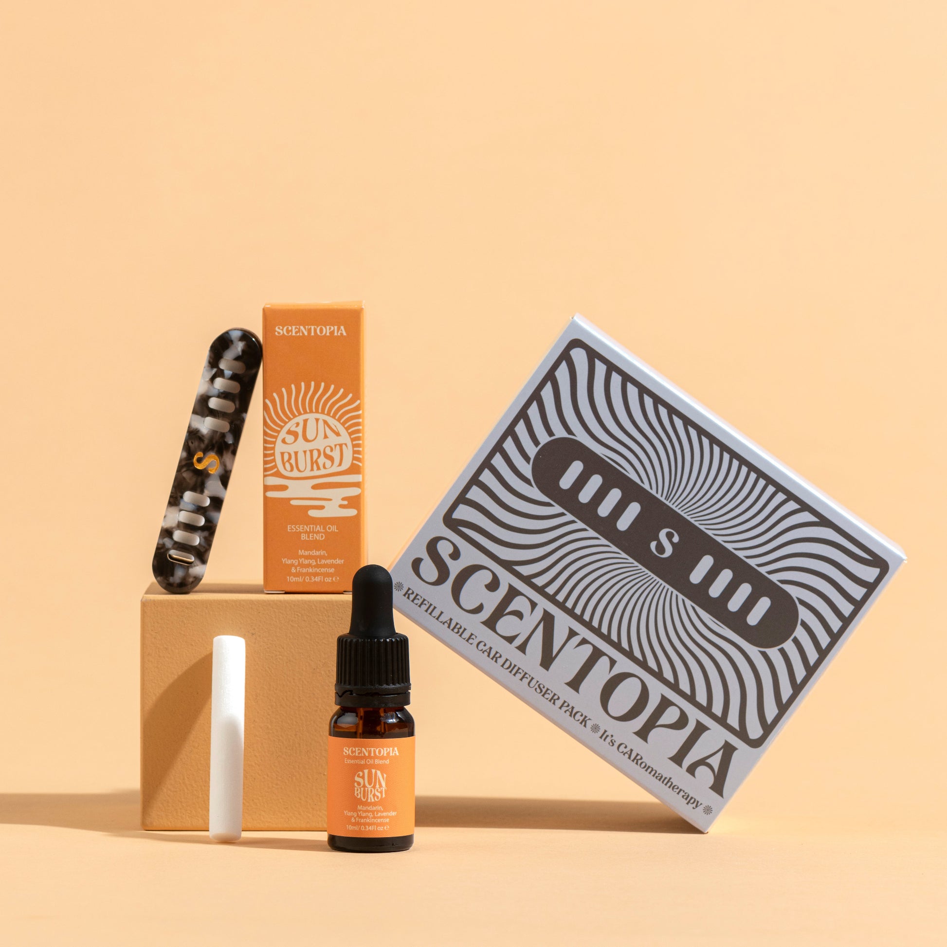 Scentopia car diffuer set including a diffuser, bottle, and packaging 